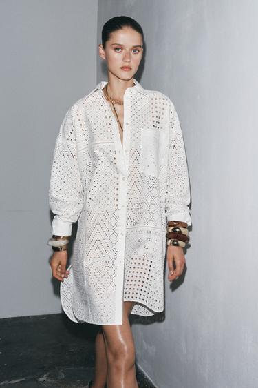 فستان بتطريزات مثقبة ZW COLLECTION - أبيض الخاص بـ Zara