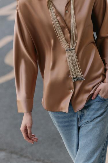 SATIN DROP-SHOULDER SHIRT - Mid-camel by Zara - Image 2