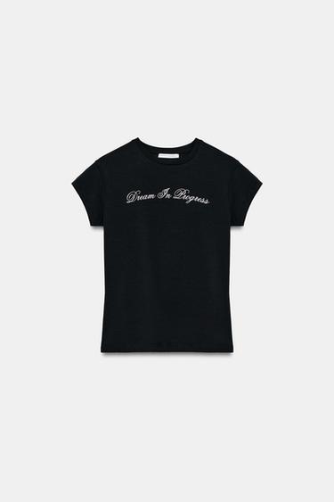 Zara CONTRAST TEXT T-SHIRT - Black