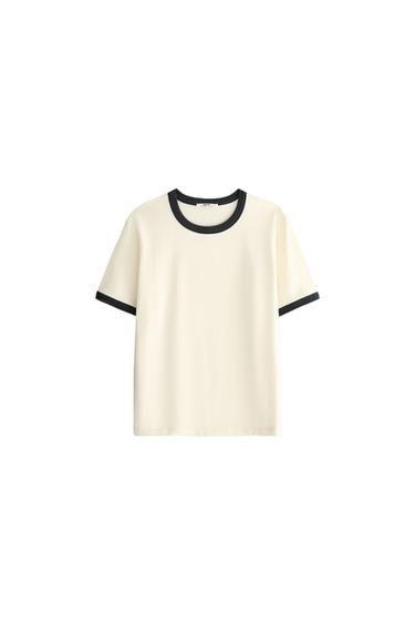 CONTRAST TRIM SHORT SLEEVE T-SHIRT - Ecru / Blue by Zara