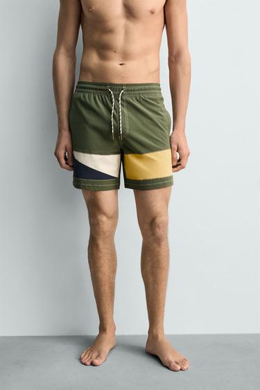 LONG COLOUR BLOCK SWIMMING TRUNKS - Green by Zara - Image 1
