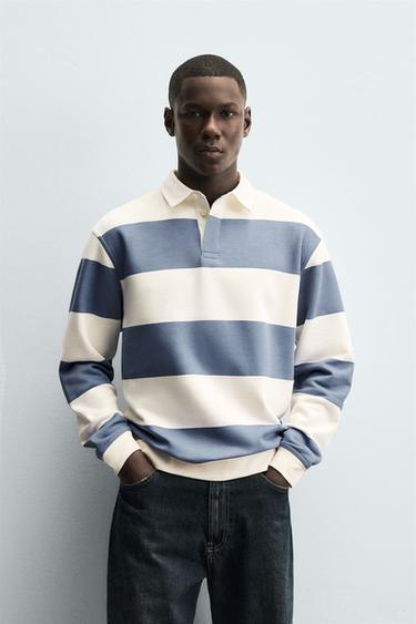 Zara CONTRAST COLLAR POLO SWEATSHIRT - Ecru / Blue