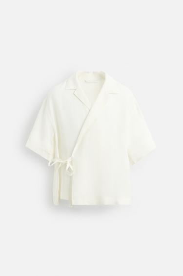 قميص 100% كتان بربطة - أبيض مكسور الخاص بـ Zara