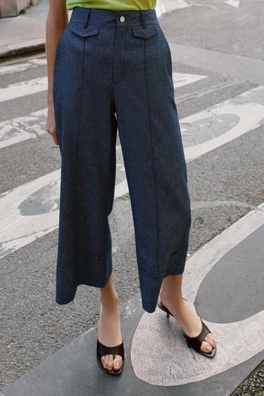 Zara LINEN CULOTTE PANTS - Blue