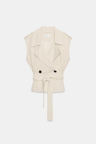 GILET CROISÉ AVEC CEINTURE EN LIN - Beige clair de Zara - Image 6