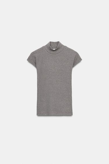 RIB KNIT HIGH NECK SHORT SLEEVE TOP - brown vigore by Zara