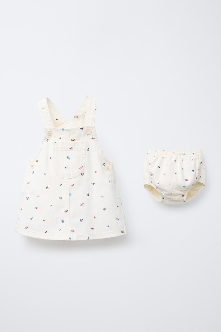 EMBROIDERED DENIM PINAFORE DRESS AND BLOOMERS