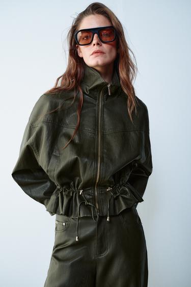 FAUX LEATHER DRAWSTRING JACKET — Dark khaki 1
