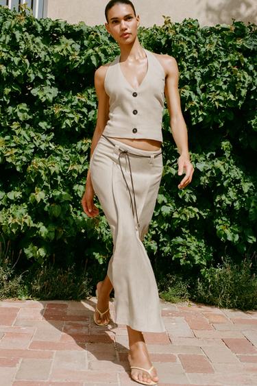 LINEN BLEND MIDI SKIRT WITH BELT - Sand by Zara - Image 0