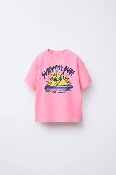 GARMENT DYE PRINTED T-SHIRT - Neon pink by Zara
