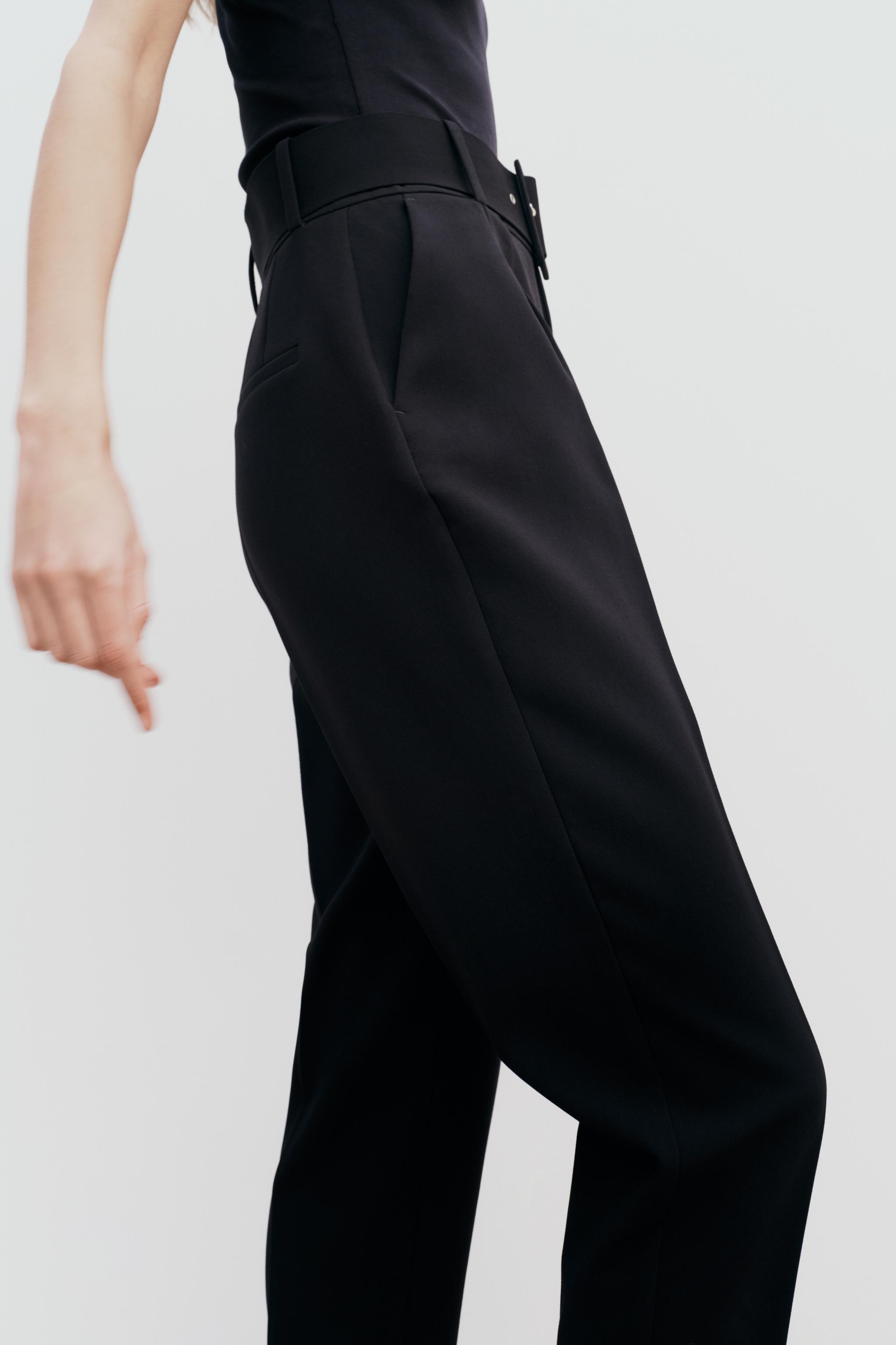 Zara Women Belted Faux Leather Pants Black 4387/063