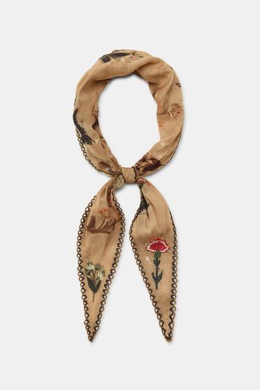 EMBROIDERED FLORAL PRINT BANDANA - camel by Zara