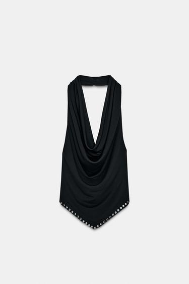 Zara 鉚釘繞頸吊帶上衣 - 黑色 - 圖片 0