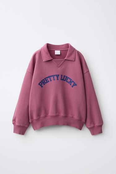 V-NECK POLO COLLAR SWEATSHIRT WITH SLOGAN PRINT - Aubergine by Zara