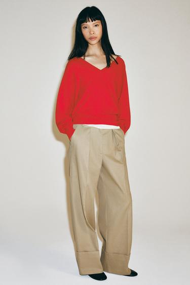 WOOL BLEND V-NECK JUMPER - Red by Zara