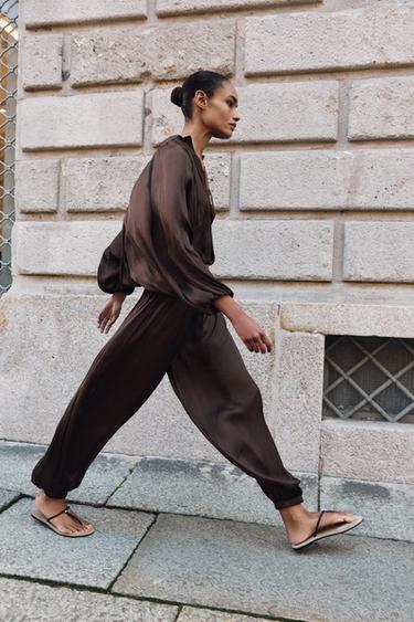 SATIN SAROUEL TROUSERS - Brown by Zara - Image 3