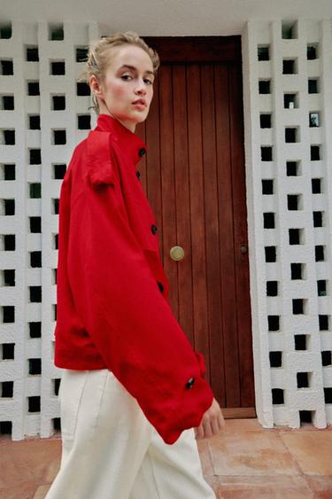 HIGH NECK LINEN BLEND JACKET - Red by Zara - Image 4
