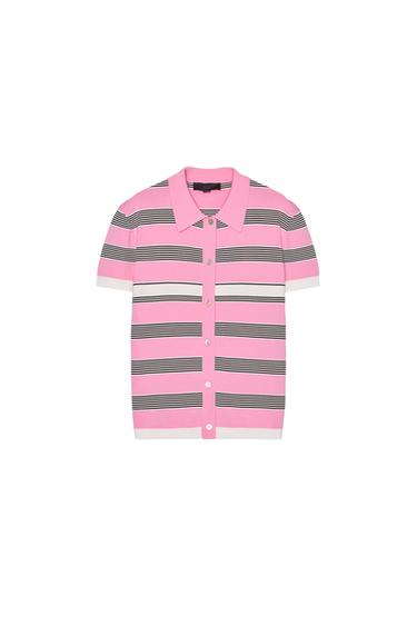 Front view of a pink and black striped button-up shirt.