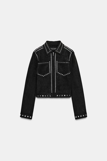 Zara FAUX SUEDE STUDDED JACKET - Black