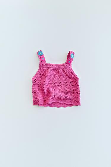 FLORAL CROCHET KNIT TOP - Fuchsia by Zara