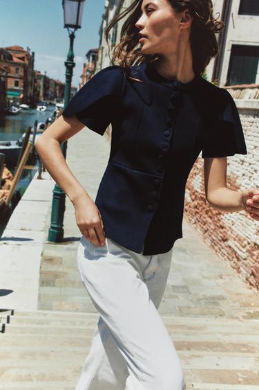 CARDIGAN WITH PUFF SLEEVES AND VENTS - Navy blue by Zara