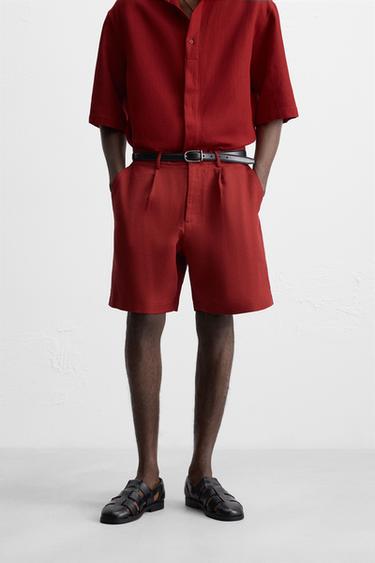COTTON-LINEN TEXTURED BERMUDA SHORTS - Intense red by Zara