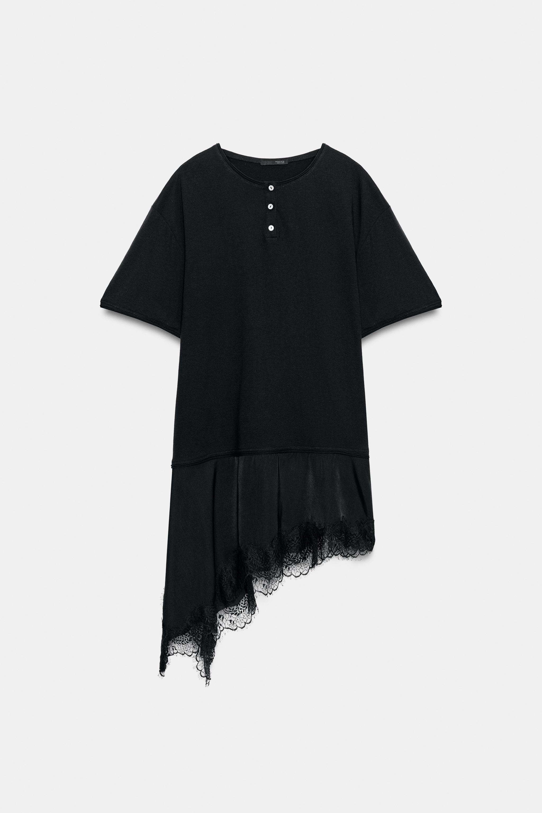 T-SHIRT EN MATIÈRES VARIÉES ET DENTELLE À COL TUNISIEN
