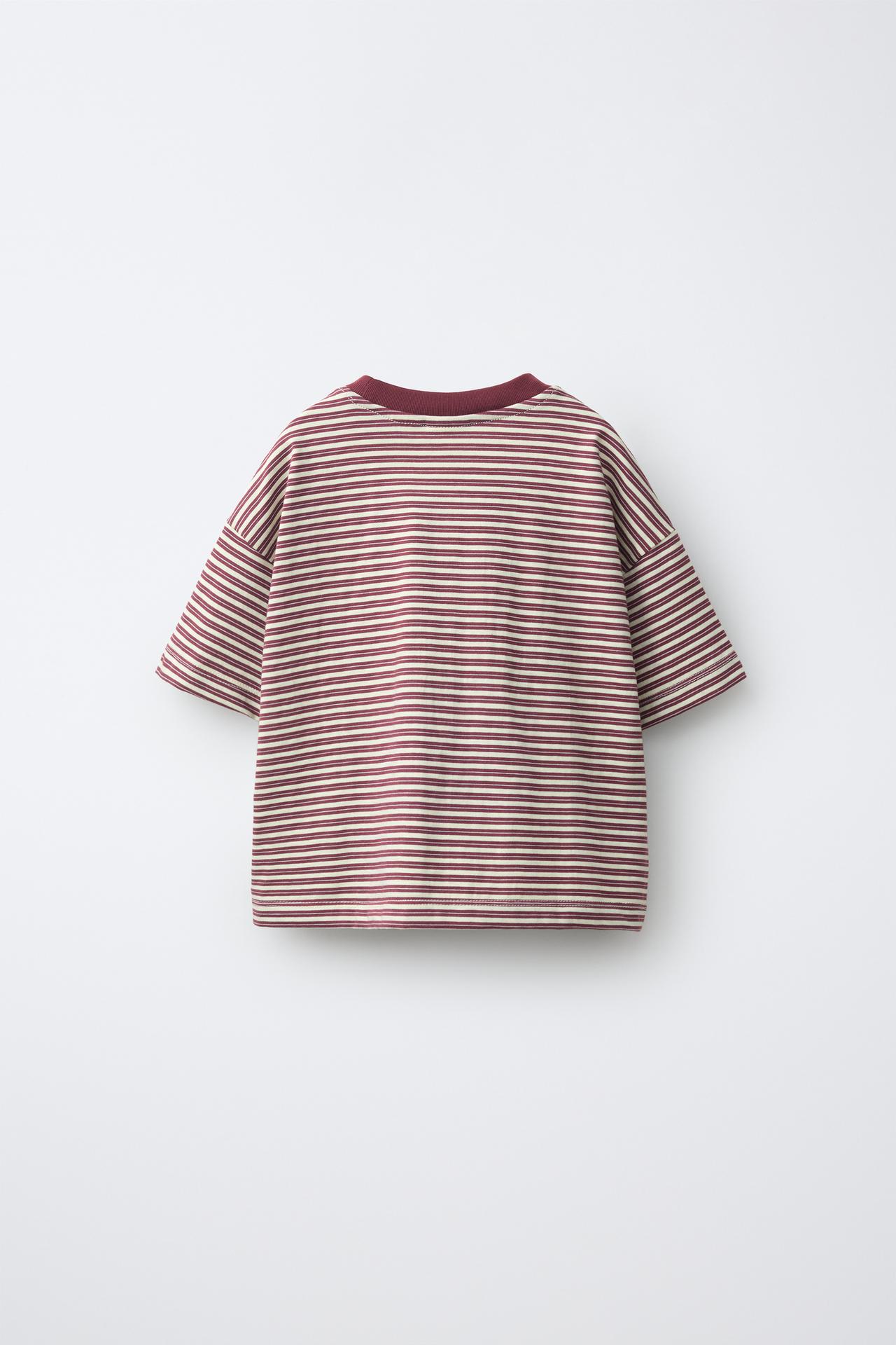 CONTRAST NECK STRIPED T-SHIRT — Burgundy