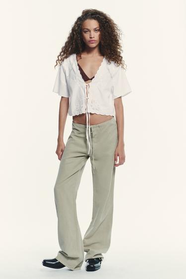 EMBROIDERED SHIRT WITH TIES - Oyster-white by Zara