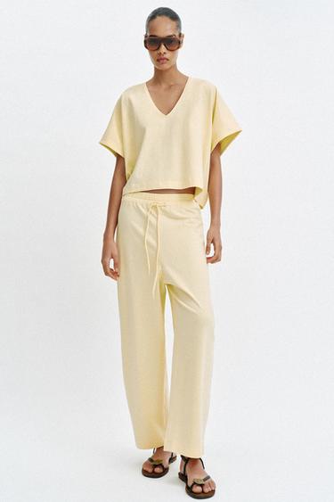 بنطلون ريفي برباط - أصفر by Zara