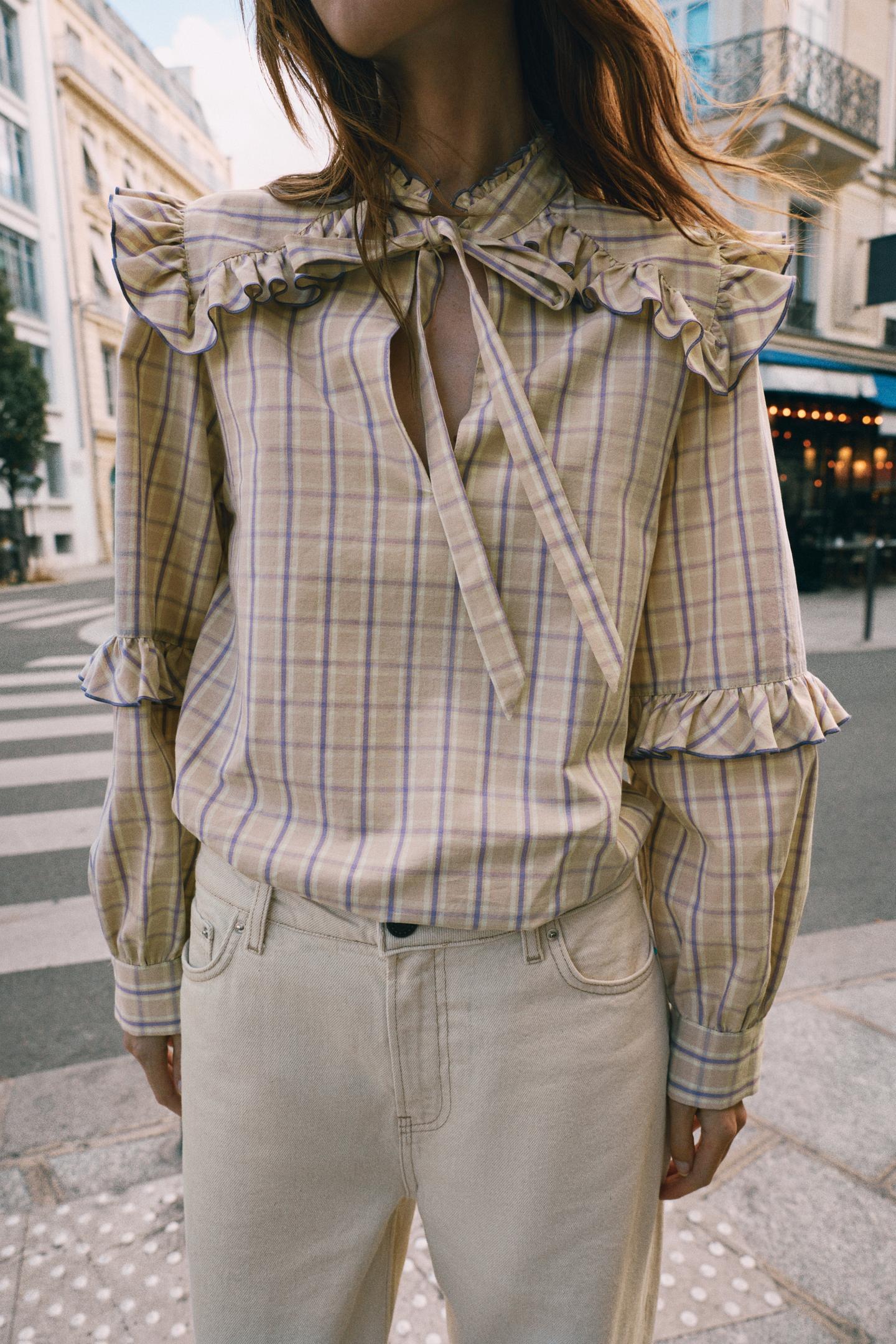 Женская блузка Zara Plaid Ruffle Blouse, цвет: Розовато-лиловый — фото 2