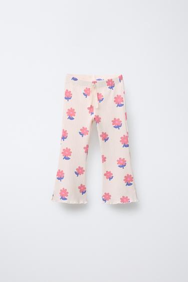 Zara PRINTED RIBBED FLARE LEGGINGS - Ecru