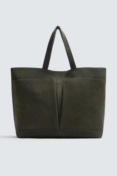 Zara LEATHER TOTE BAG - Green