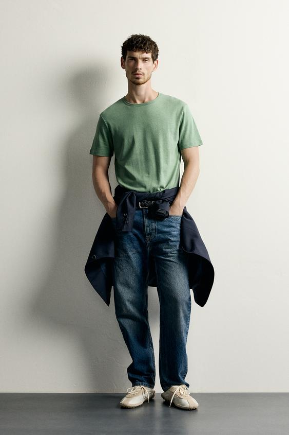 RELAXED FIT COTTON/LINEN T-SHIRT - Green by Zara - Image 0