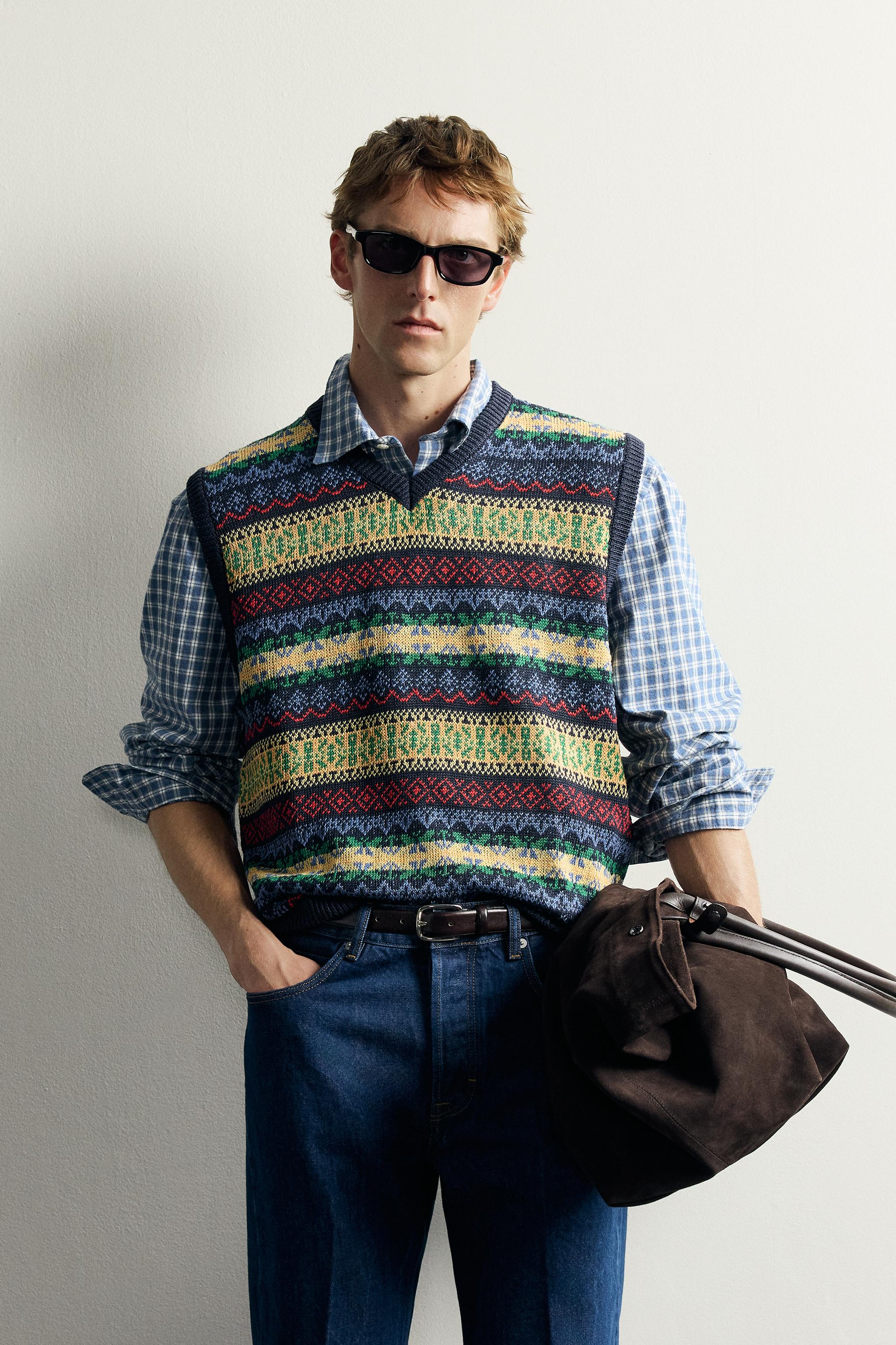 AARON LEVINE X ZARA 100% LINEN GEOMETRIC JACQUARD KNIT VEST — Navy blue