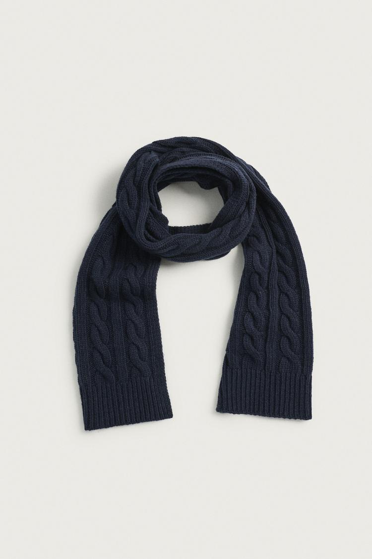 CABLE-KNIT WOOL BLEND SCARF — Dark navy