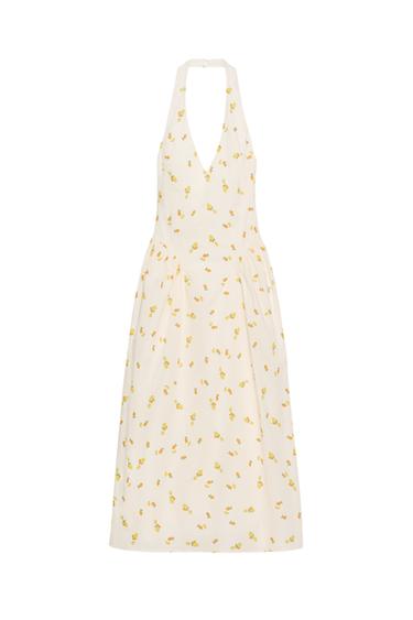 ROBE MI-LONGUE EN POPELINE À ENCOLURE AMÉRICAINE ET FLEURS - écru/jaune de Zara