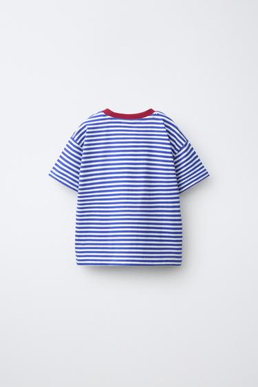 STRIPED CONTRAST NECK T-SHIRT — Blue / White 2
