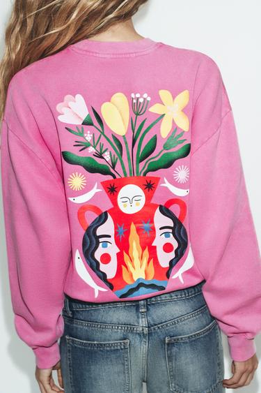 BLUZË HOODIE EFEKT I ZBARDHUR ME STAMPIM - Rozë nga Zara