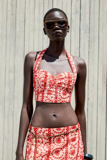 CUTWORK EMBROIDERY CROP TOP - Red by Zara