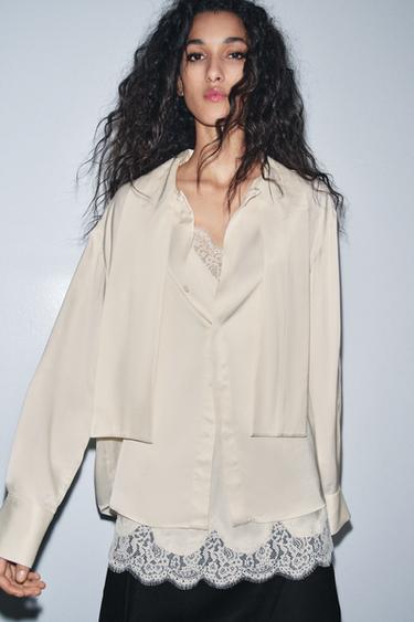 ÁO KIỂU VẢI SATIN PHỐI ZW COLLECTION - Màu kem từ Zara