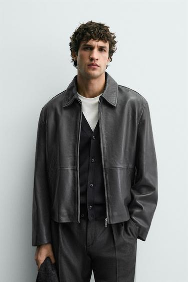 Zara CROPPED FIT LEATHER JACKET - Taupe gray