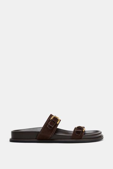 Zara 雙扣真皮涼鞋 - 棕色