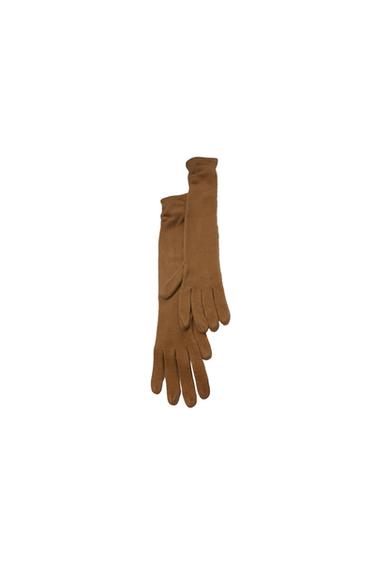 Front view of long brown gloves.