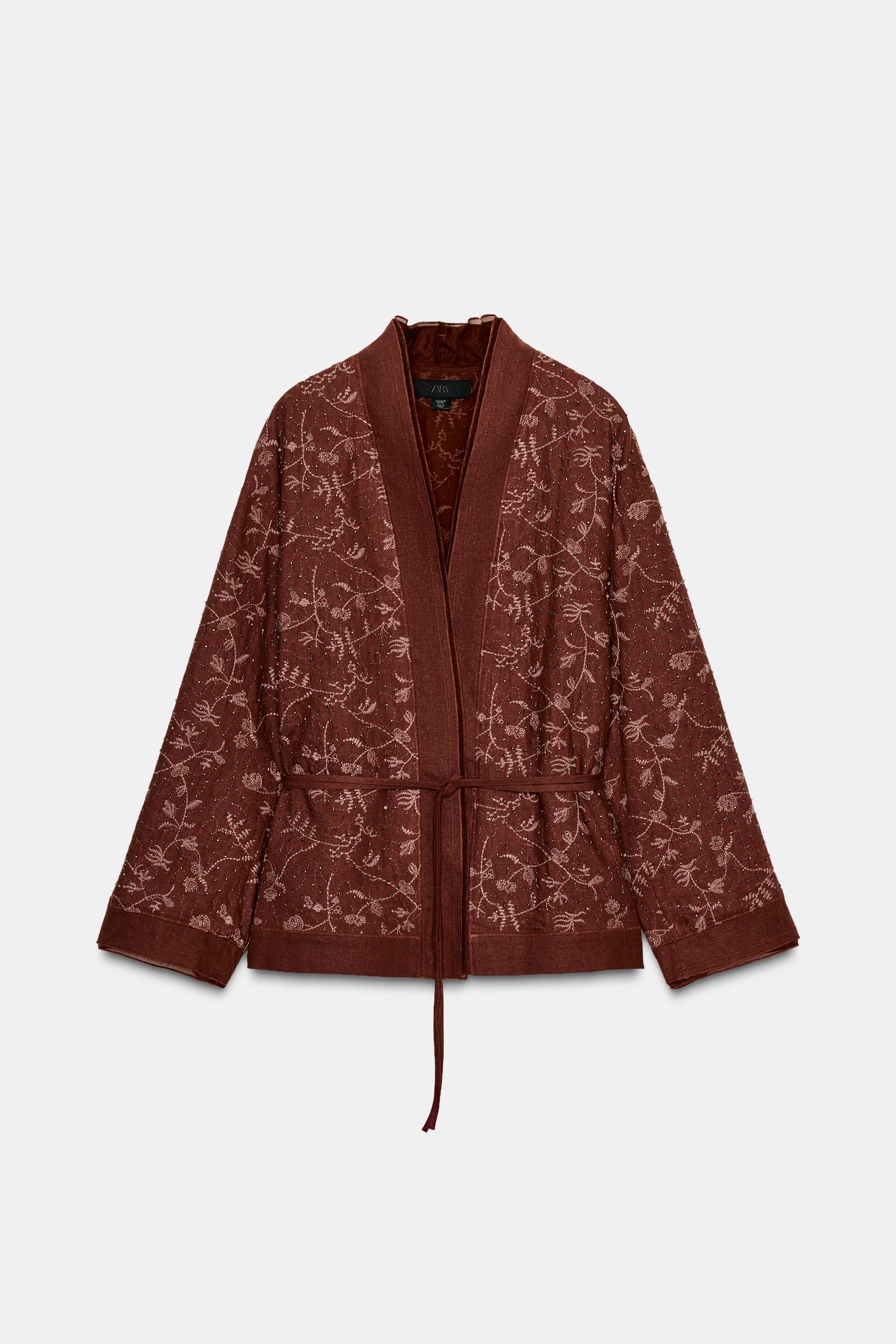 ZW COLLECTION LINEN EMBROIDERED KIMONO - Light burgundy