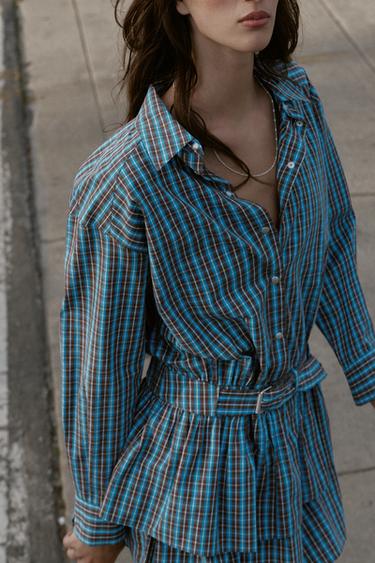 VESTIDO CORTO CUADROS VOLANTES CINTURÓN - Marrón-Azul de Zara