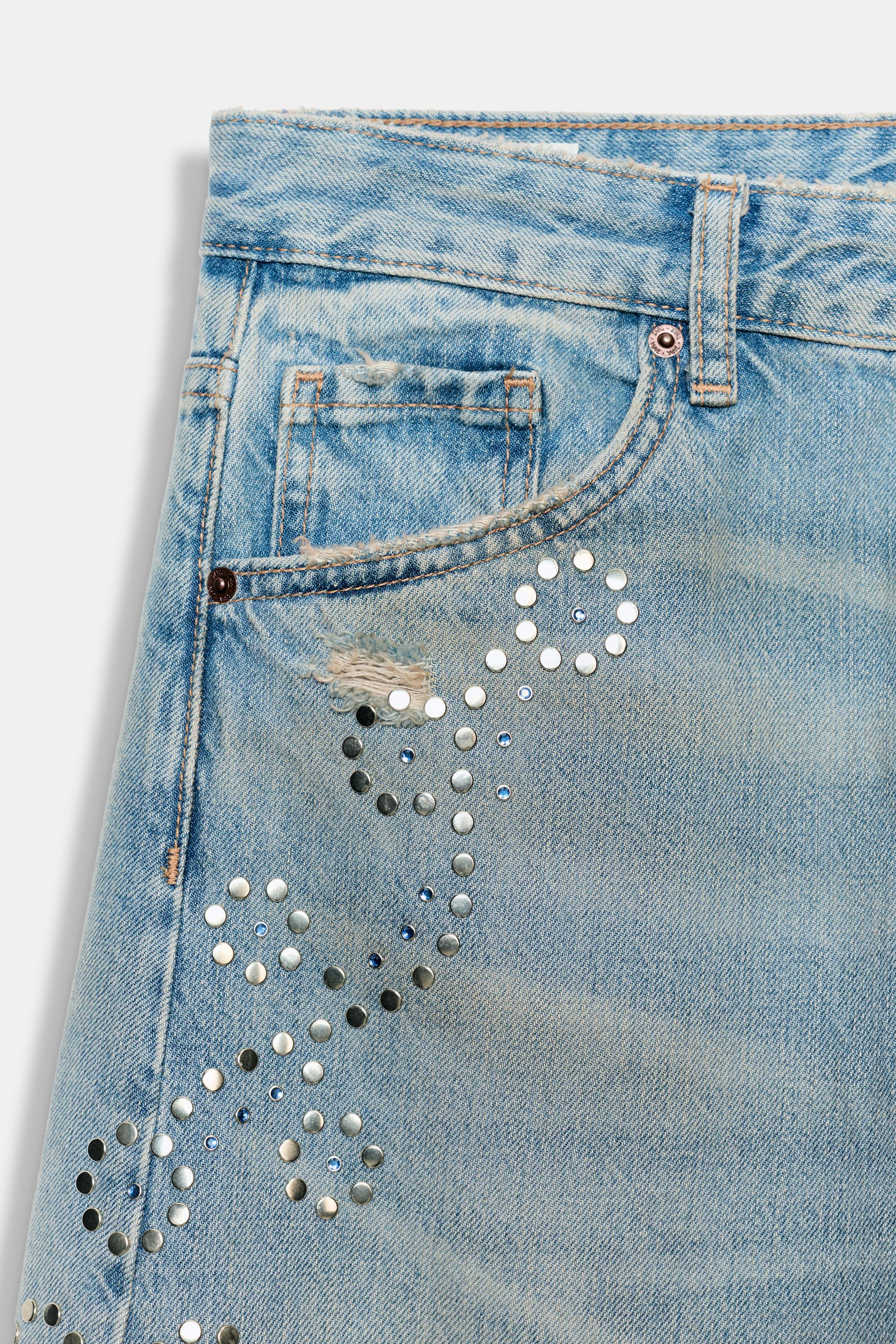 TRF RIPPED STUDDED WIDE LEG JEANS - Light blue | ZARA United States