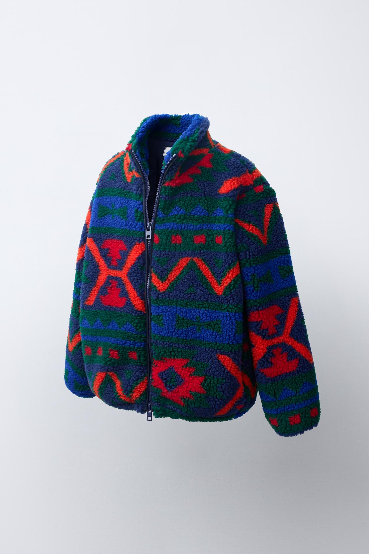 GEOMETRIC PRINT FAUX SHEARLING JACKET — Multicolored