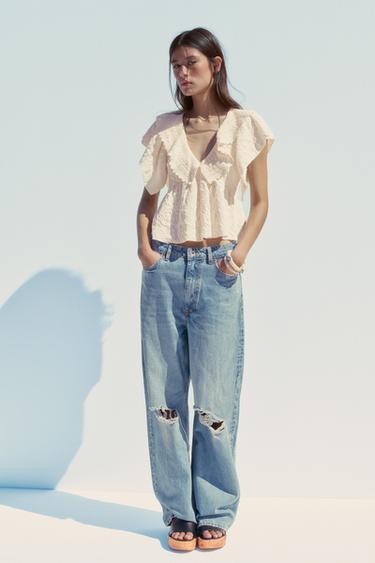 Zara RUFFLED JACQUARD TOP - Ecru