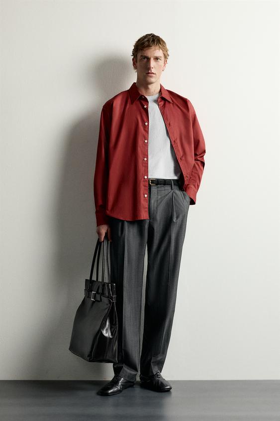 Zara COTTON-LYOCELL RELAXED-FIT SHIRT - Red - Image 0